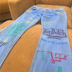 Von Dutch Light Blue Denim Jeans with Multicolor Logo Prints